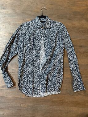 Saks Fifth Avenue Navy and White Floral Button-Down Shirt